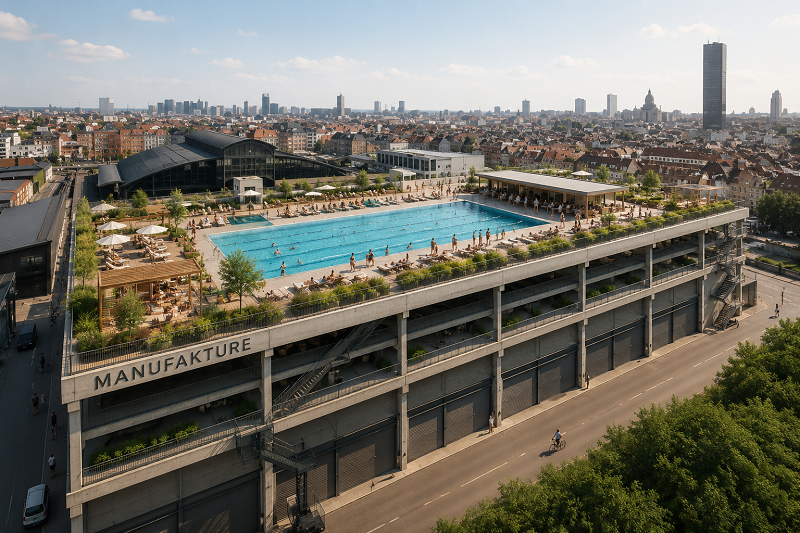 Illustration of the proposed rooftop public swimming pool at Manufakture in Anderlecht (artist's impression)
